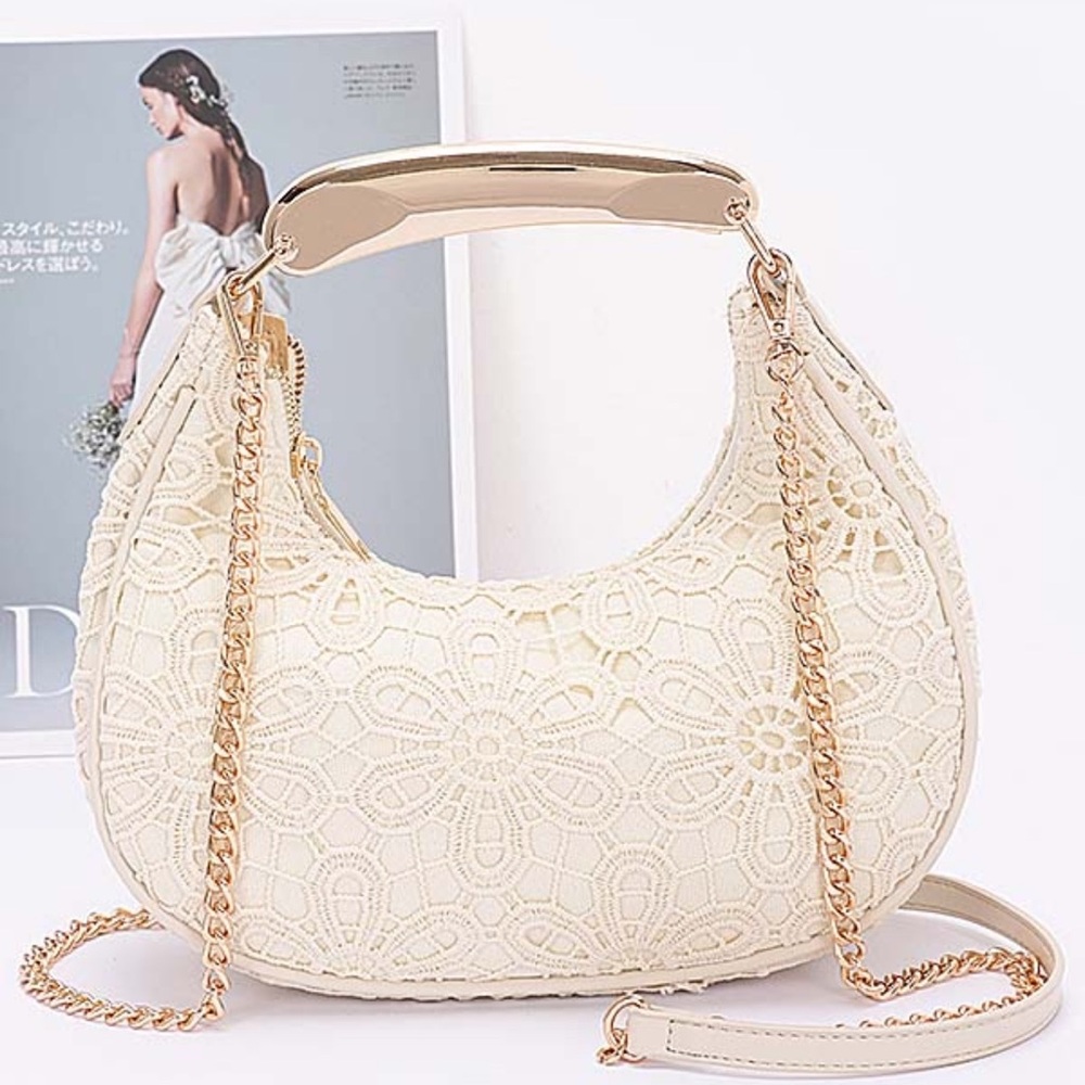 Elegant Cream Lace Handbag with Gold Chain